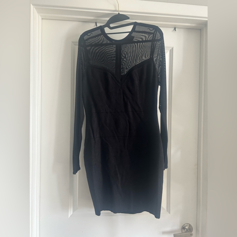 Mesh long sleeve black dress